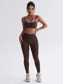 Dewbera Dewbera 1 Set Brown Leopard Trim Double Strap Sports Two Pieces Set, High Waist Leggings, Slim Fit, For Yoga Fitness Daily Summer - Brown - View 4