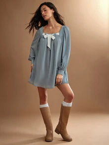 WESTFADE Bow Front Long Sleeve Babydoll Mini Dress, Fall Winter 2026 Western Style Cowgirl Clothing, Rodeo, Female Country Look, Autumn, Festival, Church - Dusty Blue - View 5