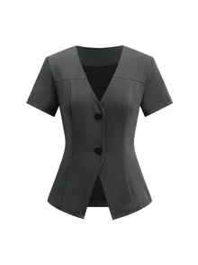 Lavishia V-Neck Waist-Cinching Short Sleeve Blazer And Wide Leg Mid-Length Pants Set, Commuter Outfit, Suitable For Daily Wear - Dark Grey - View 8
