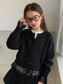 Dazy Kids Tween Girl Autumn/Winter Casual Lace Patchwork Cardigan - Black - View 4