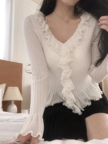 DAZY Women's V-Neck Ruffle Trim Long Sleeve Korean Style Elegant Sweater Fall Vacation - Beige - View 6