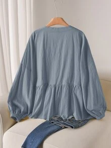 CosyJoli Plus Size Versatile Single-Breasted Pleated Long Sleeve Shirt - Dusty Blue - View 5