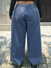 Rivivi Festival Plus Size Women's Blue Non-Stretch Striped Straight Leg Denim Pants - Dark Wash - View 2