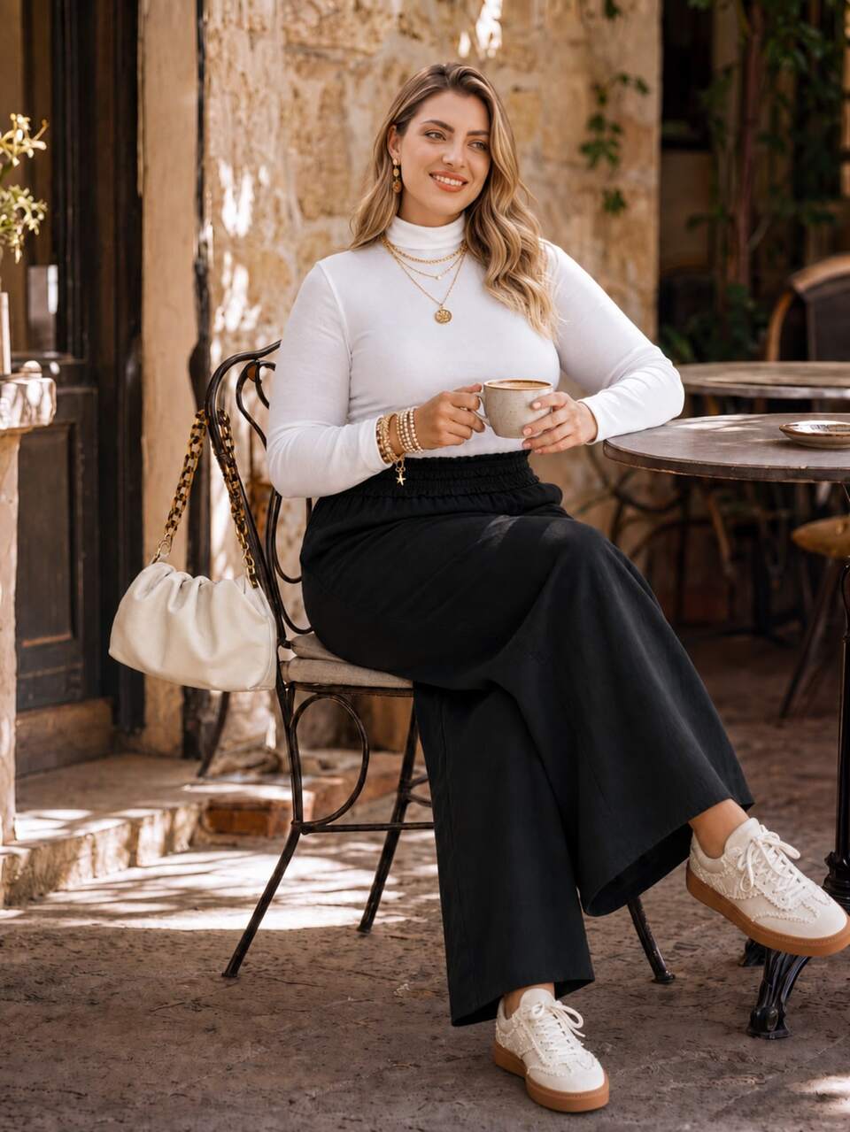 Plus Size Women's Solid Color Ruffle Waistband Pocket Wide Leg Long Pants