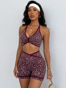 Gameset SHEIN Sport 女款豹紋露背掛脖上衣與比基尼泳褲運動套裝 - 酒紅色 - 查看 3