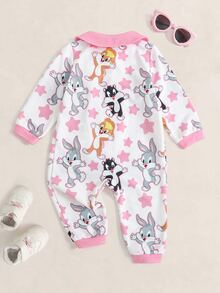 LOONEY TUNES X SHEIN Baby Girl Cartoon Star Print Romper - Pink - View 2