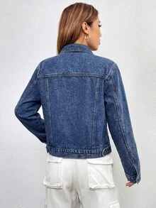 SHEIN EZwear 女款長袖單排扣休閒牛仔夾克 - 深色水洗藍 - 查看 4
