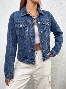 SHEIN EZwear 女款長袖單排扣休閒牛仔夾克 - 深色水洗藍 - 查看 5