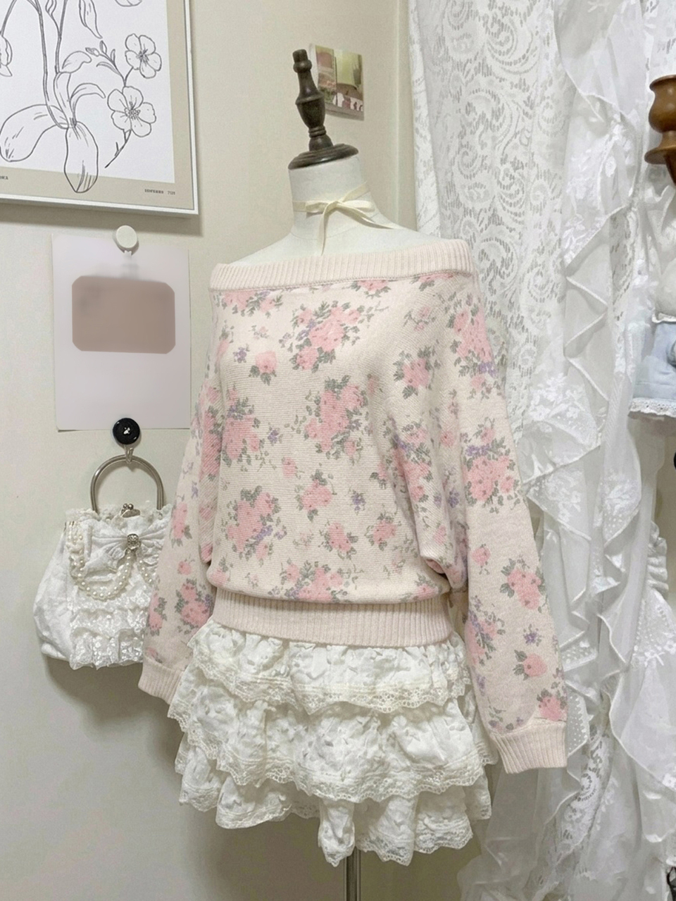 Women's Vintage Old Money Style Sweet Youthful Off-Shoulder Floral Knit Sweater, Slimming Design Pullover Top, Autumn/Winter