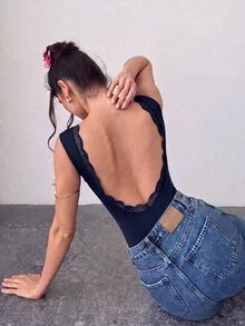 Firerie Women's Solid Color Backless Slim Fit Versatile Daily Wear Bodysuit - Navy Blue - View 3