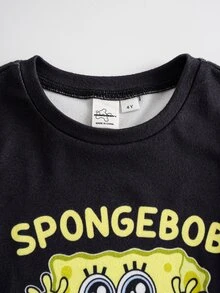SpongeBob SquarePants | SHEIN Young Boy Cartoon Print Short Sleeve Top And Fitted Long Pants Loungewear Set - Black - View 3