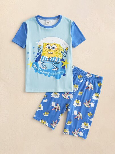 SpongeBob SquarePants | SHEIN Tween Boy Round Neck Short Sleeve T-Shirt And Shorts Lounge Set