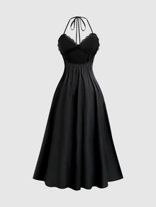 Sweetra Women's Lace Patchwork Satin Spaghetti Strap Backless Dress, Sexy & Elegant, Party & Banquet Style - Black - View 2