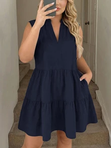 Easowa Curve Plus Size Summer Casual Solid Color Sleeveless Dress - Navy Blue - View 6