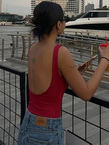 DAZY 女款夏季純色露背性感背心 - 紅色 - 查看 4