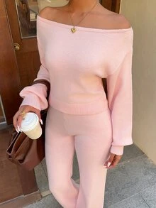 Autumina Setelan 2 Potong Sweater Off-Shoulder dan Celana Panjang Modis untuk Wanita - Berwarna merah muda - View 3