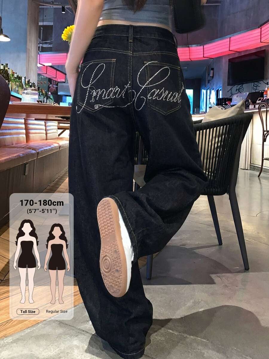 Dazy Tall Celana Jeans Denim Wanita Model Lurus Longgar dengan Hiasan Rhinestone untuk Musim Gugur - Hitam - View 1