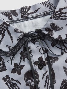 ROMWE Goth 夏季森林暗黑哥德風骷髏與植物印花修身女款襯衫 - 灰色 - 查看 3