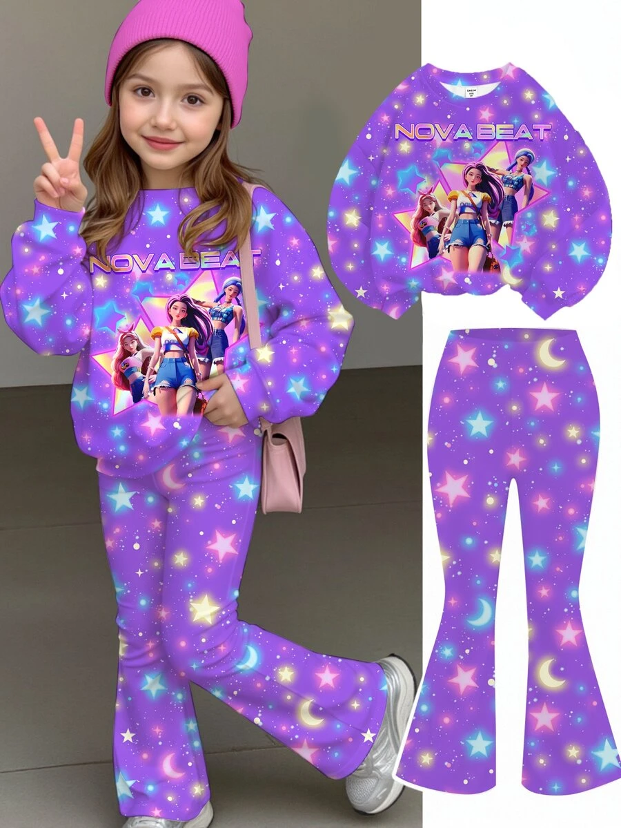 Young Girl Cute Cartoon Girl Group Print Crew Neck Sweatshirt And Flared Pants 2 Pieces Set Suitable For Autumn/Winter - Multicolor - View 1
