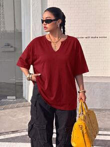 Muchica Burgundy Plus Size Women's V-Neck Drop Shoulder Sleeve T-Shirt - Burgundy - View 3