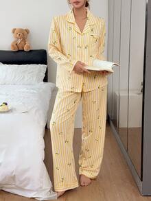 Napfluff Set Piyama Wanita Motif Garis-garis Lemon dengan Kerah Terbuka di Bagian Depan - Kuning - View 2