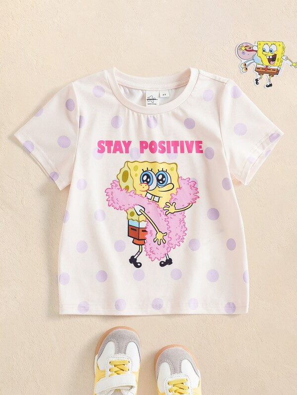 SpongeBob SquarePants | SHEIN Camiseta de manga corta casual y versátil para uso diario con estampado de letras y dibujos animados para niña joven