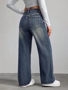 SHEIN PETITE 女款休閒水洗直筒牛仔褲 - 深色水洗藍 - 查看 2