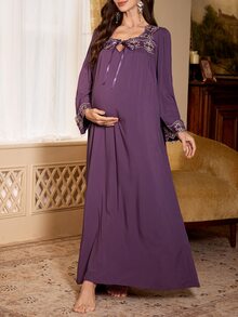PalaceNights Court Style Square Neck Embroidered Lace Long Sleeve Loose Fit Winter Maternity Nightgown - Purple - View 4