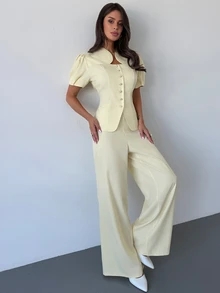 Firerie Women's Solid Color Short Petal Sleeve Single-Breasted Jacket And Wide Leg Pants Elegant Suit Set - Light Yellow - View 9