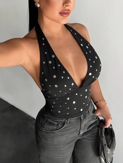 SHEIN SXY Black Elastic Knit Halter Neck Sleeveless Backless Tank Top With Metal Decoration
