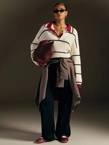 Hauture Sweater Rajut Bergaris Kerah Polo Gaya Retro Amerika untuk Wanita, Atasan Pullover Lengan Panjang Longgar dan Santai untuk Perjalanan Sehari-hari - Red and White - View 2