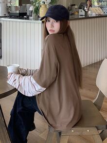 DAZY Women's Cartoon Print Striped Patchwork Sleeve T-Shirt Oversized T Shirts For Women Fall - Coffee Brown - View 2