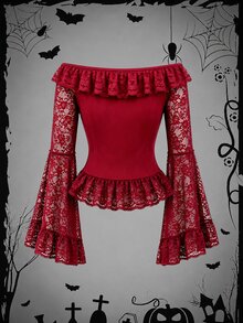 Rometta Plus Size Velvet Contrast Lace Cold Shoulder Top, Extra Long Bell Sleeves, Women's Blouse For Halloween, Red Party Evening Summer Goth Elegant - Burgundy - View 2