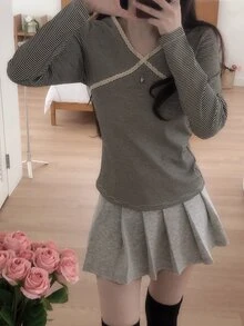 DAZY Women's V-Neck Striped Long Sleeve T-Shirt Fall - Grey - View 4