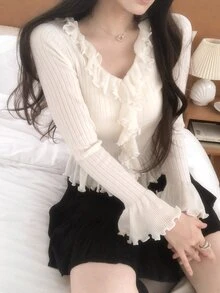 DAZY Women's V-Neck Ruffle Trim Long Sleeve Korean Style Elegant Sweater Fall Vacation - Beige - View 5