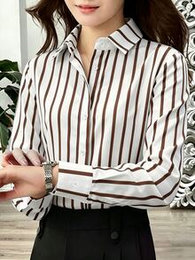 SHEIN 女款休閒通勤條紋長袖襯衫 - 彩色 - 查看 3