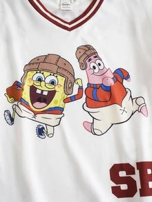 SpongeBob SquarePants | SHEIN Young Boy Striped V-Neck Short Sleeve Casual T-Shirt - White - View 5