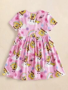 SpongeBob SquarePants | SHEIN Young Girl Rainbow Print Round Neck Short Sleeve Dress - Multicolor - View 2