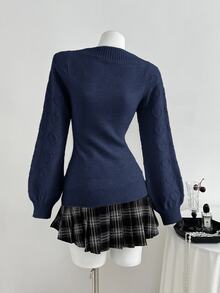Elamini Sweet Heart Button Design Casual Versatile Women's Sweater - Blue - View 2