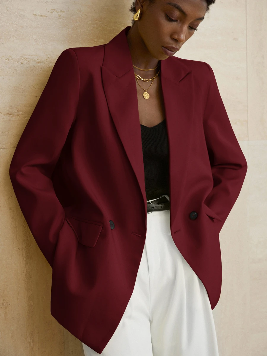 Aveloria Modichic Women's Business Style Solid Color Double-Breasted Blazer Jacket For Commuting, Autumn - Red - View 1