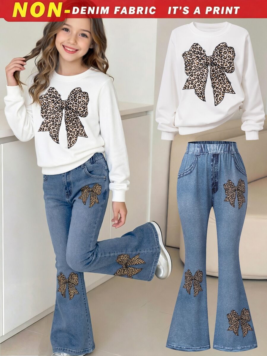SHEIN Tween Girls' Autumn/Winter Leopard Print Bow Set, Fall Outfits, Fall Tops, Holiday Outfits, Casual, Comfortable - Multicolor - View 1