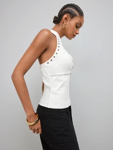Maija Women's Sexy Zipper Halter Neck Sleeveless Top,Going Out Outfis,Fall Clothes - White - View 5