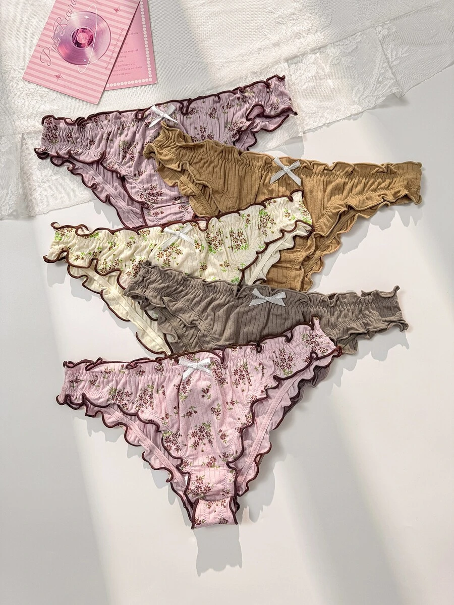 PetitDoll 5pcs/Set Women's Sweet Ditsy Floral Ruffle Trim Ribbed Triangle Panties - Multicolor - View 1