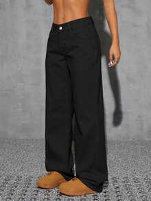 SHEIN ICON 牛仔女郎套裝 大尺碼女款秋季豹紋無彈力直筒長褲 女士秋季穿搭 - 黑色 - 查看 4