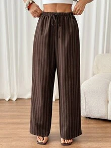 SHEIN PETITE Women's Casual Tie Waist Straight Leg Pants, Suitable For Summer - Brown - View 5