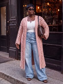 Slaydiva Cardigan Rajut Wanita Ukuran Besar, Mantel Panjang Rajut Kabel Berongga Warna Nude, Mantel Duster Depan Terbuka untuk Musim Gugur - Berwarna merah muda - View 6