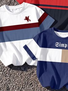 Tween Boy Casual Comfortable Fashion Minimalist Crew Neck Short Sleeve T-Shirt 3pcs Set, Classic Color Block Retro Patchwork Graphic Print, Geometric Pattern Graphic Print, Delicate Small Logo Graphic Print, Suitable For Autumn/Winter, Suitable For Back To School Season - Multicolor - View 4