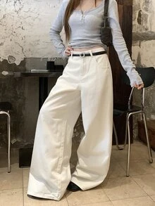 DAZY Women's White High-Waist Loose Wide Leg Casual Versatile Washed Denim Jeans, Streetwear Daily Outfit Fall - Blue - View 1