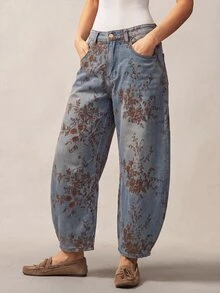 Bohemela 女款高腰寬鬆寬腿花卉印花牛仔褲，附口袋與前鈕扣設計 - 中等水洗藍 - 查看 6