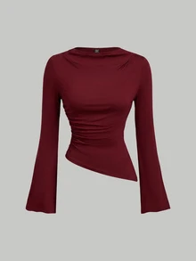 SHEIN MOD 女款 2 件組 酒紅與杏色圓領抓皺喇叭袖收腰不對稱下擺百搭長袖 T-shirt 打底衫 - 棕色 - 查看 3